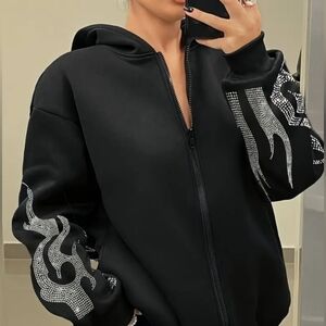 Black Zip-Up Hoodie with Rhinestone Flame Design